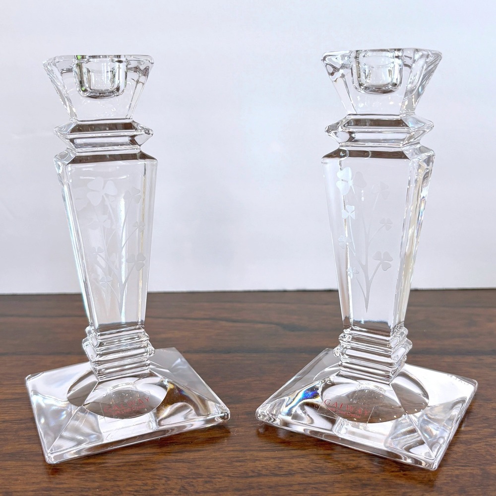 Pair Galway Irish 24% Lead Crystal Etched Shamrock CandleHolders Classic Elegant